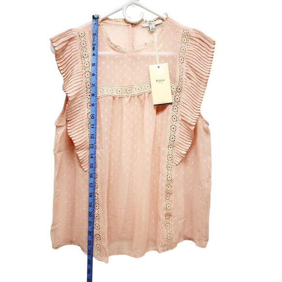 Womens Blush Pink Sleeveless Ruffle Blouse With Lace Accents By Blāshe Size L - Picture 6 of 9